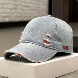 1pc Denim Distressed Ripped Peaked Cap For Spring Summer Autumn, Ideal choice for Gifts