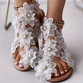 Women's Flowers Flat Sandals, Fashion Toe Loop Faux Pearl Slip On Shoes, Casual Beach Travel Sandals