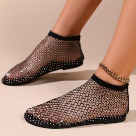 Women's Rhinestone Decor Sandals, Slip On Lightweight Hollow Out Shoes, Glitter Mesh Non-slip Beach Shoes