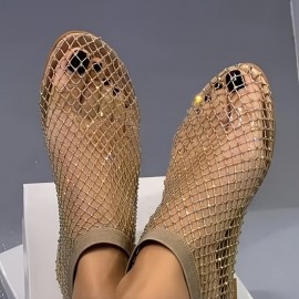 Women's Rhinestone Decor Sandals, Slip On Lightweight Hollow Out Shoes, Glitter Mesh Non-slip Beach Shoes