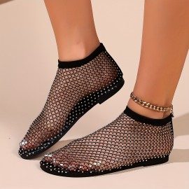 Women's Rhinestone Decor Sandals, Slip On Lightweight Hollow Out Shoes, Glitter Mesh Non-slip Beach Shoes