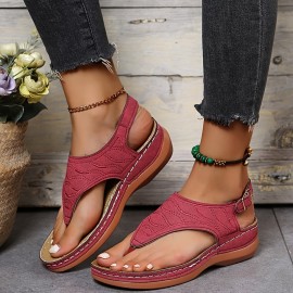 Women's Wedge Heeled Flip Flops, Ankle Strap Open Toe Solid Color Sandals, Women's Casual Footwear