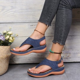 Women's Wedge Heeled Flip Flops, Ankle Strap Open Toe Solid Color Sandals, Women's Casual Footwear