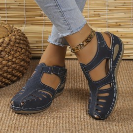 Women's Solid Color Casual Snadals, Slip On Closed Toe Lightweight Flat Shoes, Versatile Comfy Low Wedge Shoes