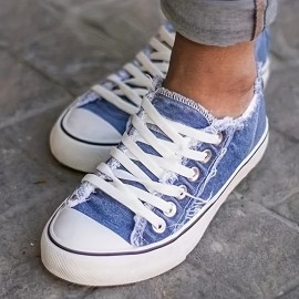 Women's Tassel Design Denim Shoes, Slip-on Lace Up Low Top Raw Trim Flat Shoes, Classic & Sporty Shoes