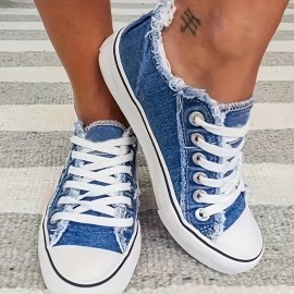 Women's Tassel Design Denim Shoes, Slip-on Lace Up Low Top Raw Trim Flat Shoes, Classic & Sporty Shoes