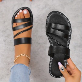 Women's Solid Color Braided Slide Sandals, Casual Ankle Strap Flat Summer Shoes, Lightweight Beach Shoes