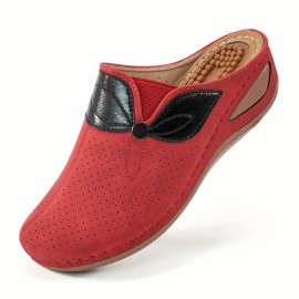 Women's Wedge Mules, Breathable Hollow Out Closed Toe Sandals, Casual Faux Leather Slide Shoes