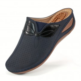 Women's Wedge Mules, Breathable Hollow Out Closed Toe Sandals, Casual Faux Leather Slide Shoes