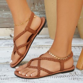 Women's Braided Solid Color Flat Sandals, Casual Elastic Band Beach Sandals, Cross Strap Thong Sandals