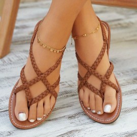 Women's Braided Solid Color Flat Sandals, Casual Elastic Band Beach Sandals, Cross Strap Thong Sandals