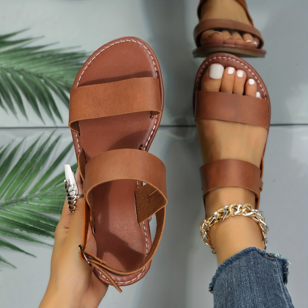 Women's Roman Style Flat Sandals, Open Round Toe Buckle Strap Shoes, Casual Beach Sandals