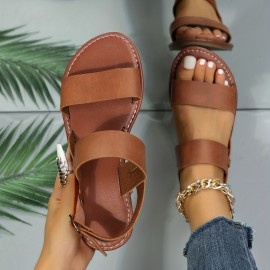 Women's Roman Style Flat Sandals, Open Round Toe Buckle Strap Shoes, Casual Beach Sandals