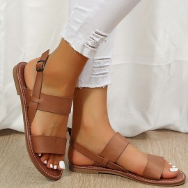 Women's Roman Style Flat Sandals, Open Round Toe Buckle Strap Shoes, Casual Beach Sandals