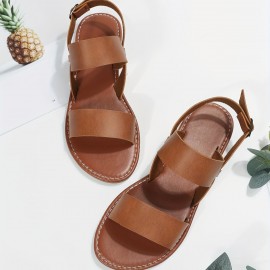 Women's Roman Style Flat Sandals, Open Round Toe Buckle Strap Shoes, Casual Beach Sandals