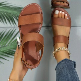 Women's Roman Style Flat Sandals, Open Round Toe Buckle Strap Shoes, Casual Beach Sandals