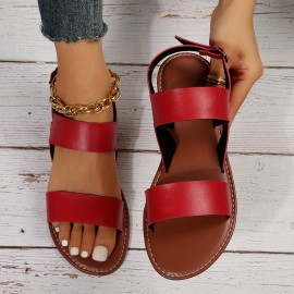 Women's Roman Style Flat Sandals, Open Round Toe Buckle Strap Shoes, Casual Beach Sandals