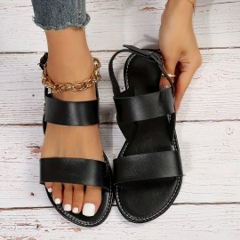 Women's Roman Style Flat Sandals, Open Round Toe Buckle Strap Shoes, Casual Beach Sandals