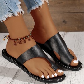 Women's Toe Loop Flat Slides, Fashion Open Toe Summer Slide Sandals, Casual Outside Beach Shoes