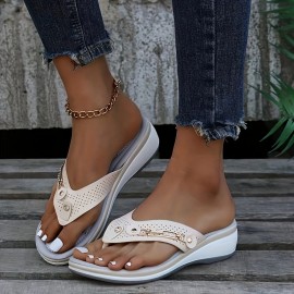 Women's Wedge Flip Flops, Buckle Decor Soft Sole Slip On Arch Support Shoes, Comfy Outdoor Slide Sandals