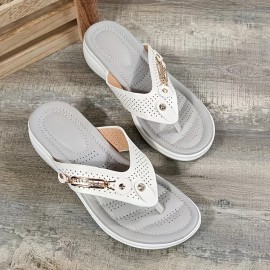 Women's Wedge Flip Flops, Buckle Decor Soft Sole Slip On Arch Support Shoes, Comfy Outdoor Slide Sandals