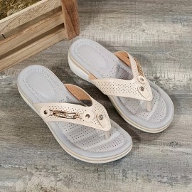 Women's Wedge Flip Flops, Buckle Decor Soft Sole Slip On Arch Support Shoes, Comfy Outdoor Slide Sandals