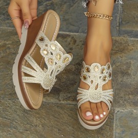 Women's Rhinestone Decor Wedge Sandals, Casual Cutout Design Platform Sandals, Comfortable Summer Shoes