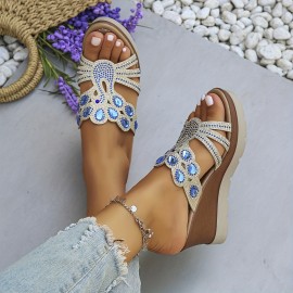 Women's Rhinestone Decor Wedge Sandals, Casual Cutout Design Platform Sandals, Comfortable Summer Shoes