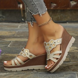 Women's Rhinestone Decor Wedge Sandals, Casual Cutout Design Platform Sandals, Comfortable Summer Shoes