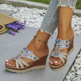 Women's Rhinestone Decor Wedge Sandals, Casual Cutout Design Platform Sandals, Comfortable Summer Shoes