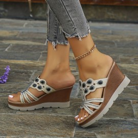 Women's Rhinestone Decor Wedge Sandals, Casual Cutout Design Platform Sandals, Comfortable Summer Shoes