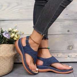 Women's Retro Wedge Heeled Thong Sandals, Open Toe Arch Support Non Slip Shoes, Casual Outdoor Sandals