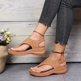 Women's Retro Wedge Heeled Thong Sandals, Open Toe Arch Support Non Slip Shoes, Casual Outdoor Sandals