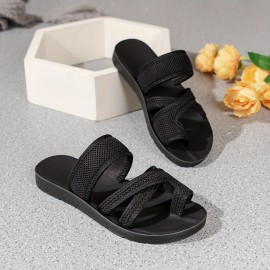 Women's Solid Color Slide Sandals, Casual Loop Toe Summer Shoes, Lightweight Slide Sandals