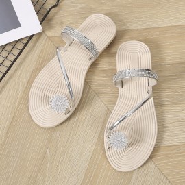 Women's Flower Rhinestone Flat Flip Flops, Fashion Open Toe Non Slip Toe Loop Slides Shoes, Casual Beach Slippers