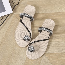 Women's Flower Rhinestone Flat Flip Flops, Fashion Open Toe Non Slip Toe Loop Slides Shoes, Casual Beach Slippers