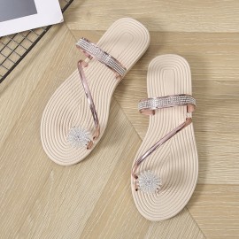 Women's Flower Rhinestone Flat Flip Flops, Fashion Open Toe Non Slip Toe Loop Slides Shoes, Casual Beach Slippers