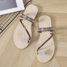 Women's Flower Rhinestone Flat Flip Flops, Fashion Open Toe Non Slip Toe Loop Slides Shoes, Casual Beach Slippers