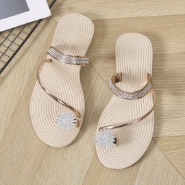 Women's Flower Rhinestone Flat Flip Flops, Fashion Open Toe Non Slip Toe Loop Slides Shoes, Casual Beach Slippers