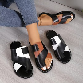 Women's Contrast Color Slide Sandals, Casual Loop Toe Flat Summer Shoes, Lightweight Beach Shoes