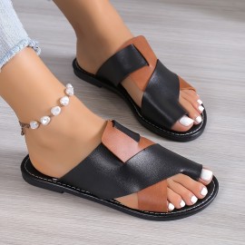 Women's Contrast Color Slide Sandals, Casual Loop Toe Flat Summer Shoes, Lightweight Beach Shoes