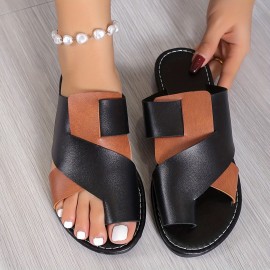 Women's Contrast Color Slide Sandals, Casual Loop Toe Flat Summer Shoes, Lightweight Beach Shoes