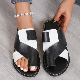 Women's Contrast Color Slide Sandals, Casual Loop Toe Flat Summer Shoes, Lightweight Beach Shoes