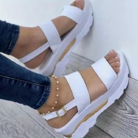 Women's Platform Open Toe Sandals, Solid Color Ankle Buckle Strap Non Slip Shoes, Casual Outdoor Sandals