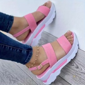 Women's Platform Open Toe Sandals, Solid Color Ankle Buckle Strap Non Slip Shoes, Casual Outdoor Sandals