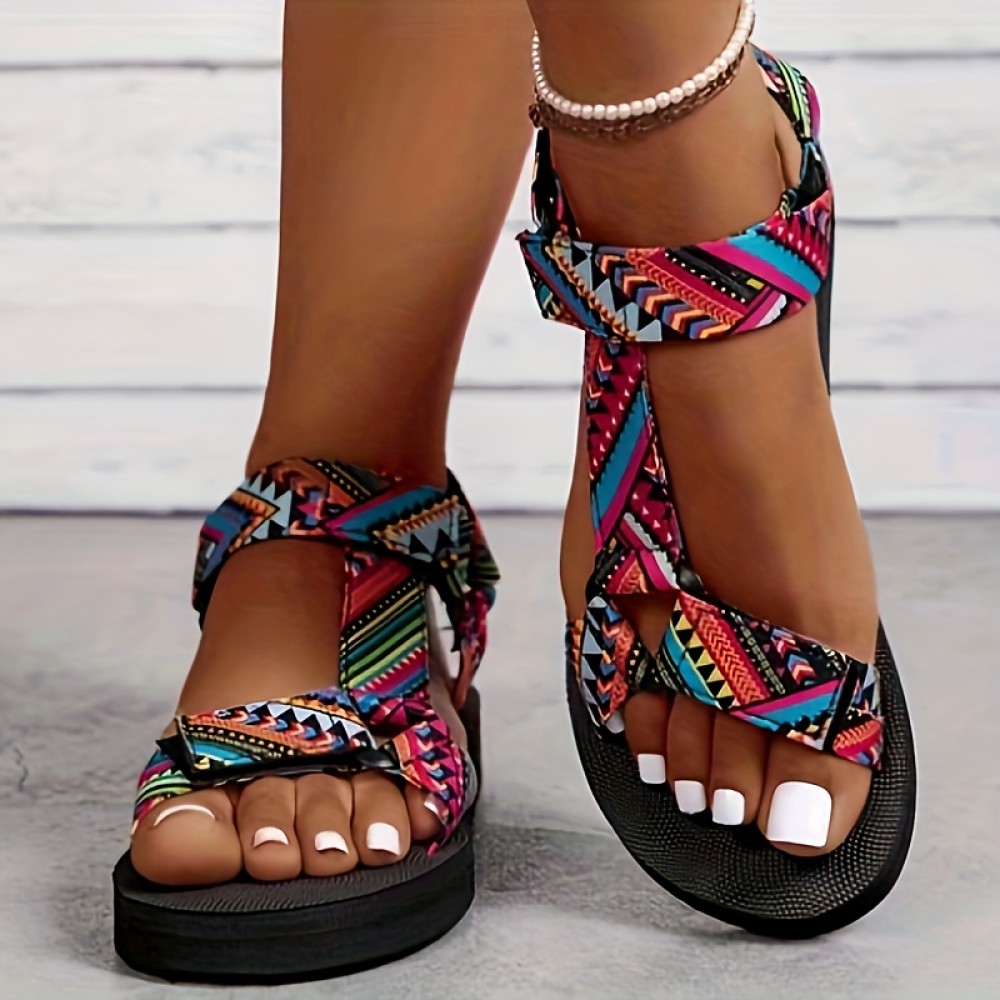 Women's Flat Summer Sandals, Geometric Pattern Open Toe Shoes, Casual Beach Outdoor Sandals