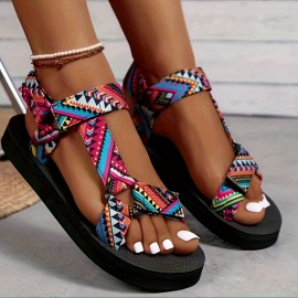 Women's Flat Summer Sandals, Geometric Pattern Open Toe Shoes, Casual Beach Outdoor Sandals