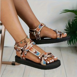 Women's Flat Summer Sandals, Geometric Pattern Open Toe Shoes, Casual Beach Outdoor Sandals