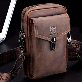 Cow Captain Leather Retro Crazy Horse Leather Men's Mobile Phone Fanny Pack Leather Fashion One Shoulder Bag Business Cow Leather Wear Belt Multi-function Messenger Bag Small Hanging Bag