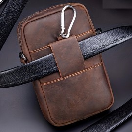 Cow Captain Leather Retro Crazy Horse Leather Men's Mobile Phone Fanny Pack Leather Fashion One Shoulder Bag Business Cow Leather Wear Belt Multi-function Messenger Bag Small Hanging Bag